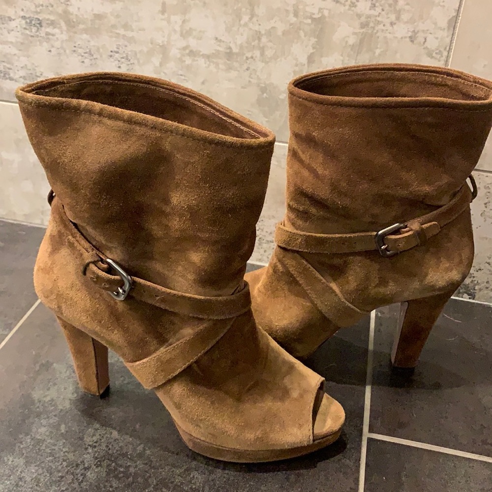 Prada brown peep toe pull on suede boots size 38